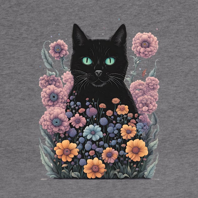 Retro black Cat with Flowers by CAFFEIN